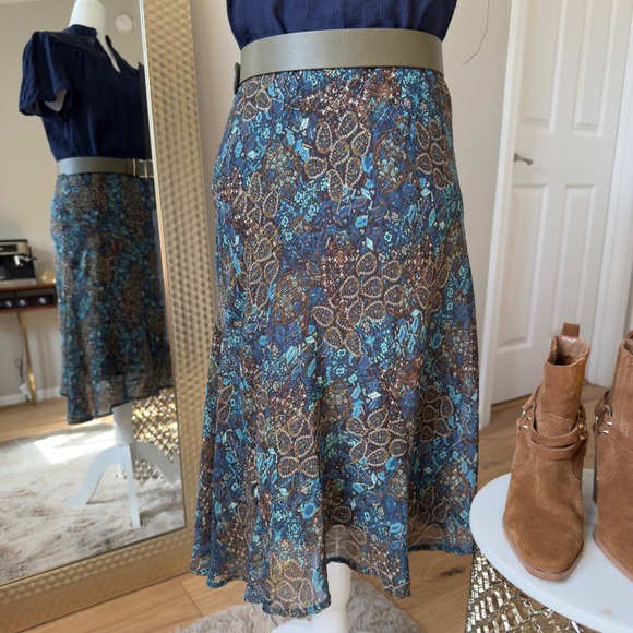 Cato Midi Skirt Blue Brown Paisley Print Elastic Waist Sheer Overlay Size S - Picture 4 of 7